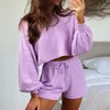 Spring Summer womens sweater Two piece set Puff Sleeve Top Shorts Set Sexy Navel Sweater Women pullovers Two-Piece Set 210514
