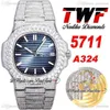 2022 TWF Paved Diamonds 5711 324SC A324 Automatic Mens Watch Blue Texture Dial Stick Markers Fully Iced Out Big Diamond Bracelet Super Edition Watches Puretime D4