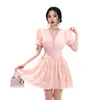 Rose Sexy A Line Robes Dames coréennes plissées à manches courtes Cabaret Party Mini pour les femmes 210602