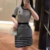 Korean Casual Striped Knitted Two Piece Set Women Outfit Short Sleeve Pullover Sweater + Mini Skirt Suits Tracksuits Sweat 210514