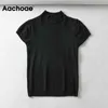 Casual solide tricoté t-shirt femmes manches courtes doux maison t-shirt col roulé dame couverture fine été mujer camisetas 210413