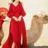 Винтажные платья на плече для женщины красные твердые элегантные праздничные путешествия Maxi платье женское полноту рукав высокая талия Vestidos 210603