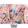 Traf Women Fashion with Knot Floral Print Ruffled Mini Dress Vintage Short Sleeve Back Zipper Female Dresses Vestidos 210415