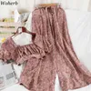 Sexy Chiffon Outfits Women Chic Cropped Blouse Tops+ Wide Leg Casual Pants Streetwear 2 Pieces Sets Korean Suit 210519