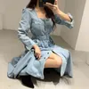 Denim Sukienki Kobiety Bandaż Solidna Wiosna Elegancka Długa Dress Chic Wysoka Talia Vestidos Koean Fashion 16020 210415