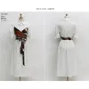 韓国風の夏の女性エレガントな偽の2ピースシャツドレスオフィスレディファッションプリント弓ベルトパッチワークMidi Long 210514