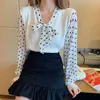 Lucyever Fashion Polka Dot Bow Blouses Women Korean Wild V-Neck Knitted Shirts Woman Long Sleeve Loose Bottoming Shirt Mujer 210521