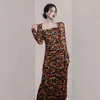 Spring Square Neck Mesh Print Mid-Length Dress Robe Women's Long Sleeve Vintage Elegant Vestido 210520