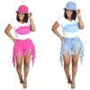 Summer Tassel Jeans Women Tracksuits Printed Lip T-shirt Two Piece Set Solid Color Yoga Outfits Gym Clothes Plus Size Sportwear