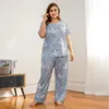 Nowe Panie 2021 Lato Plus Size Piżamy dla kobiet Loose Blue Panda Print T-shirt i Długie Spodnie Nosić Garnitury 4XL 5XL 6XL 7XL X0428