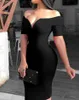 2019 vrouwelijke sexy diepe v-hals off schouder bodycon jurk vrouwen korte mouw solide schede midi jurk y0603