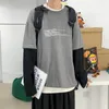 Хлопок осень поддельных двух целых мужская футболка с длинными рукавами мужские студенты корейский стиль Свободная модная одежда ins ins in mushing мужская одежда 210409