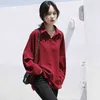 Vår Höst Kvinnor Långärmad Loose Chiffon T Shirts All-matchad Casual Turn-down Collar Red Blouse Vintage Tops S440 210512