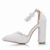 Fashion White Lace Flowers Women Wedding Shoes Wristband Bride One Word Buckle Thin Heels Pumps Ladies High Sandals 211207