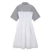 [EAM] Women Contrast Color Spliced Drawstring Midi Dress Lapel Short Sleeve Loose Fit Fashion Spring Summer 1DD8544 21512