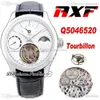 Axf Q5046520 Mão Mecânica Sinuca Tourbillon GMT Mens Relógio Master Grande Tradição Branco Dial Moon Fase Power Reserve Black Leather Super Edition Puretime A1