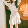 PERHAPS U Women Elegant Beige Stand Collar Lace Ruched Elastic Waist Empire Half Sleeve Short Mini Dress Summer D2455 210529