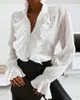 女性のTシャツの女性の通勤シャツローカットファルバラカラーロングパゴダスリーブボタン秋ネックライントップウッドイヤー