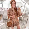 GYPSylady Allık Florla Baskı Fill Yaz Elbiseler Uzun Kollu Pileli Kadınlar Elbise Elastik Mini Çingene Boho Elbise Chic Vestido 210331