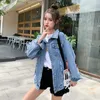 Höst Kvinnors Denim Jack Jeans Coat Print Chic Harajuku Frayed Beaded Short Coat Casual Loose New Spring Ladies Jacket 210422