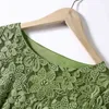 Gancho verde flor laço oco out o pescoço 3/4 manga zipper midi vestido elegante partido outono D1737 210514