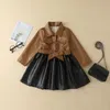 Great Quality Autumn Winter Baby Girls Leather Jacket Dresses Fashion Kids Stitching PU Dress Children Coats Skirts