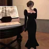 Elegant sjöjungfru svart lång dres koreanska vintage gotiska kvällsparty klänning höst casual hepburn slim klänning 211221