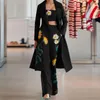 Women's Two Piece Pants Women Long Trench Coat Sets Autumn Winter Fashion Temperament Print Flower Windbreaker Wide Leg Suit