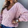 Вдохновленные вязаные повседневные V-образные вырезывания женщины свитер осень зима с длинным рукавом вязаный свитер вязаный свитер в форме сердца дамы пуловер 210412