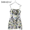 Sexy Embroidery Print Dress For Women Square Collar Sleeveless High Waist Mini Dresses Females Summer Fashion Style 210520