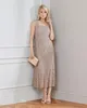 Elegant Light Brown Mother Of The Bride Dresses Square Neck Evening Gowns With Short Sleeves Jackets Tea Length Plus Size Wedding Guest Dress