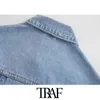 TRAF Femmes Mode Large Manches Courtes Denim Veste Manteau Vintage Col à revers Poches plaquées Vêtements de dessus pour femmes Chic Tops 210415