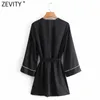 ZEVITY Kadınlar Vintage Çapraz V Boyun Katı Rahat Ince Lace Up Kimono Mini Elbise Bayanlar Chic Uzun Kollu Sashes Vestido DS4964 210603