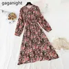 Vintage Butterfly Sleeve Floral Print Tender Dresses Chiffon Sashes Spring O-Neck Robes Office Ladies Vestidos 210601