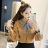 Autumn Winter Korea Fashion Women Long Sleeve Shirt Bow Lacing Sweet Ladies Tops all-matched Casual Corduroy Blouses D186 210512