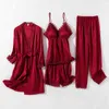 Satin Silk Nightgown Sets Kvinnor 4PCs Robe Suit Spring Sleepwear Nighty Wear Pyjamas Sexig Strap Nightwear Sleep Kimono Badklänning Q0706