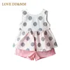 Liefde ddmm meisjes sets zomer kinderkleding meisjes leuke gestreepte stippen grote boog rug baby tops + shorts pak 210715