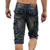 Men's Fashion Cargo Denim Shorts with Multi Pockets Slim Fit Military Jeans Shorts for Male Washed H1206