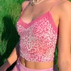 Rosa Leopardtryck Sexig Spaghetti Strap Top Kvinnor Sommar Y2K Backless Lace Cami Toppar Ladies Svett 90s Beskära Tees 210607