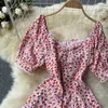 Vintage gedrukt kanten jurk vrouwen zomer elegante v-hals korte mouw hoge taille vestidos zoete patchwork robe vakantie strand Nieuwe Y0603