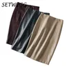 Women Sexy Soft PU Leather Pencil Midi Skirt Autumn Ladies Package Hip Back Split Faux Leather Pencil Skirt Burgundy Coffee 210708