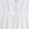 Женские летние белые V-образные вырезывающие платье с коротким рукавом кнопки бабочка галстук повседневная женская элегантная вечеринка A-Line платья Vestidos 210531