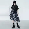 [EAM] Kobiety Black Splited Drukuj Ruffles Asymetryczne Sukienka Lapel Z Krótkim Rękawem Loose Fit Fashion Spring Lato 1DD7959 21512