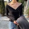 V Neck Pullover Manga Longa Camiseta Mulheres Slim Fit Sold Spring Outwear Tees Femme All Match Soft Ladies Top 210422