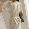 女性のドレス韓国のシックな服エレガントなOネックパフスリーブスリムフィットvestidosハイウエスト格子縞の女性ドレス92544 210519
