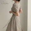 Summer Cotton and Linen V-neck Short Sleeve Women Vintage Chic Lace Up Slim Elagant Party Midi Dress 210415