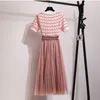 Doux rose deux élégante vague rayé tricoté pull haut + maille plissée jupes longues costumes été 2 pièces ensemble tenues 210416