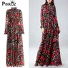 Spring Fashion Runway Maxi Robe Femme Manches longues Vintage Tiered Tulip Léopard Floral Imprimé Robes 210421