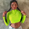 CNYISHE 2021 Wiosna Casual Neon Topy T-shirt Kobiety Solid Sexy Fitness Zipper Tees O-Neck Z Długim Rękawem T Koszulki Blusas Female Y0629