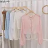 Korean Crop Tops Women Thin See Through Sunscreen Shirts Cardigan Hollow Out Backless Blusas Long Sleeve Chic Blouses 210519
